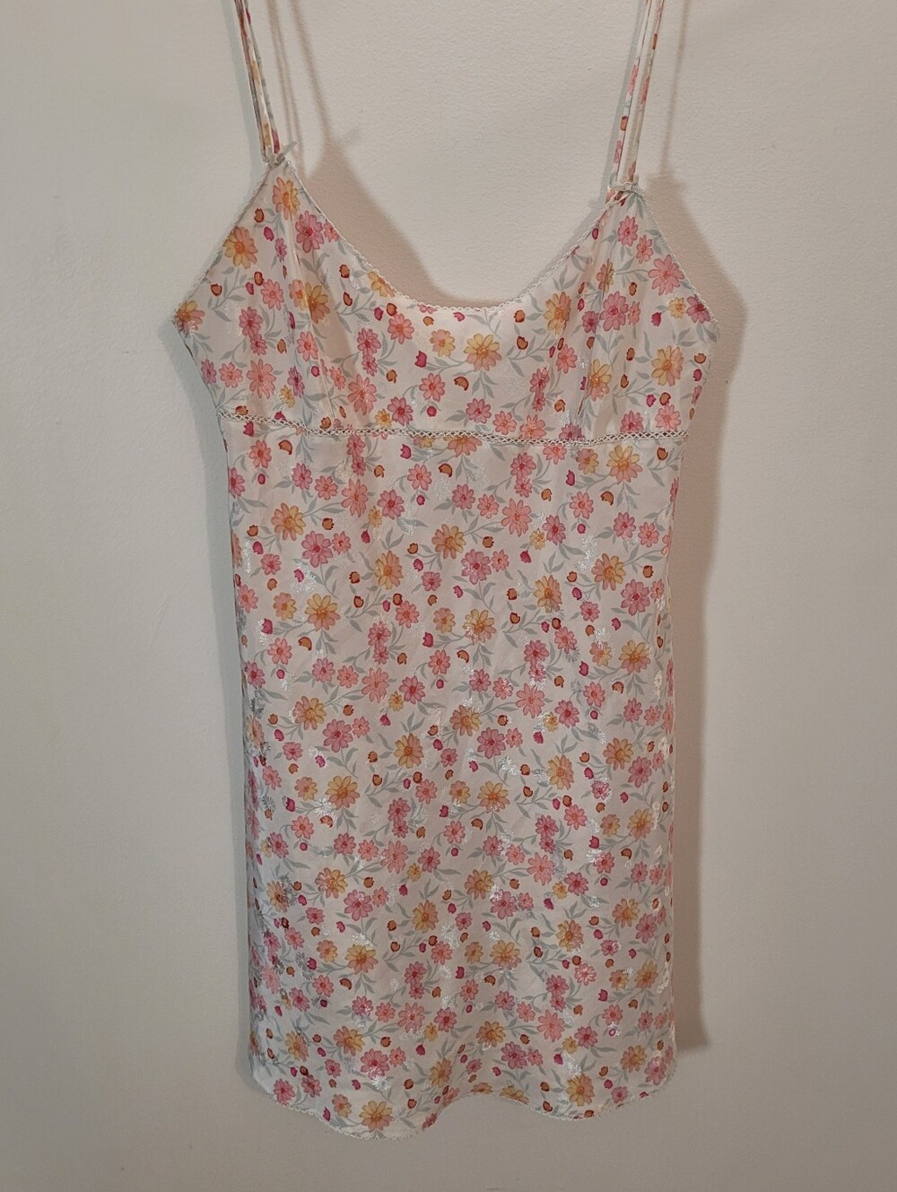 La SENZA Vintage White Pink Floral Chemise Satiny Slip Dress - L - Picture 2 of 9
